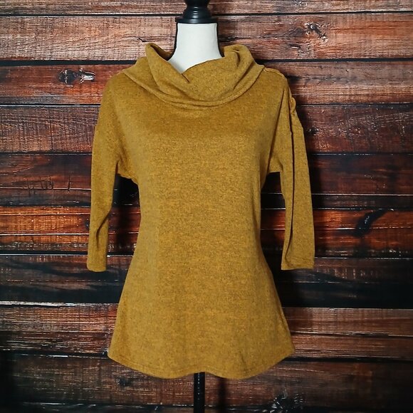 Ember Sweater S Cowl Turtleneck Mustard Gold Laced Shoulder Half Sleeve Soft - Picture 2 of 10